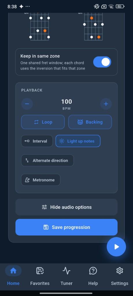 Tempo, loop, backing track and note highlighting