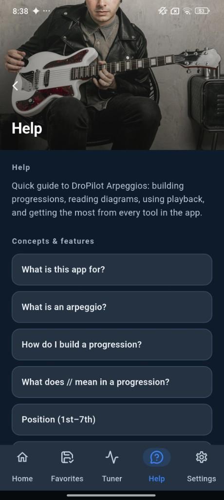 Help section with concepts and features