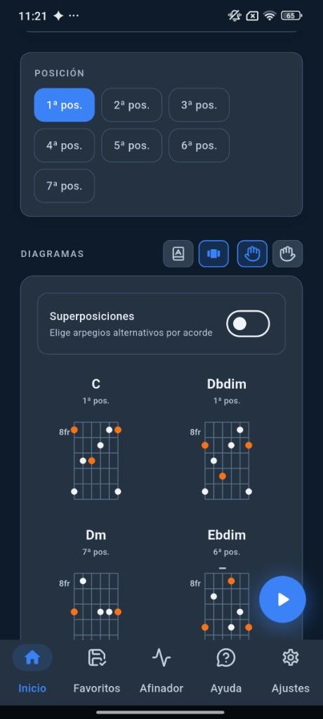 Posición en el diapasón y diagramas de arpegios