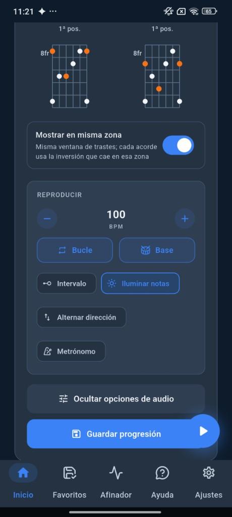 Tempo, bucle, acompañamiento e iluminación de notas