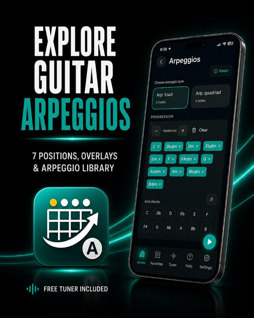 DroPilot Arpeggios: explore guitar arpeggios — 7 positions, overlays and library