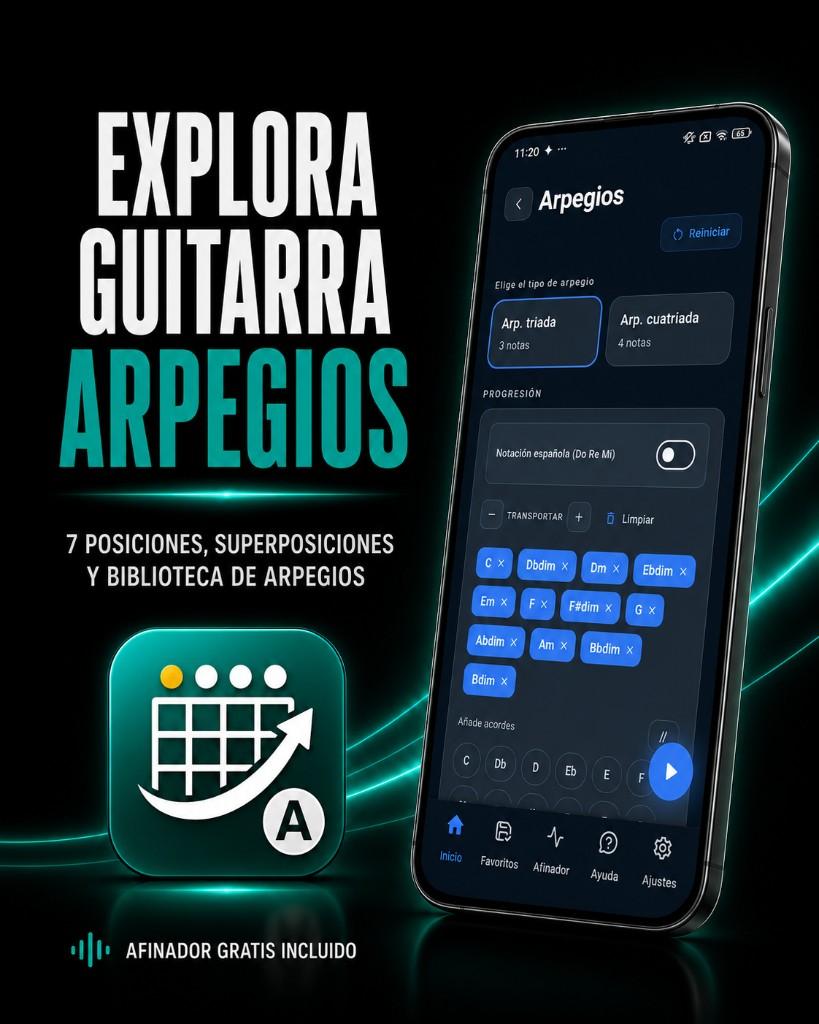DroPilot Arpegios: explora arpegios de guitarra — 7 posiciones, superposiciones y biblioteca