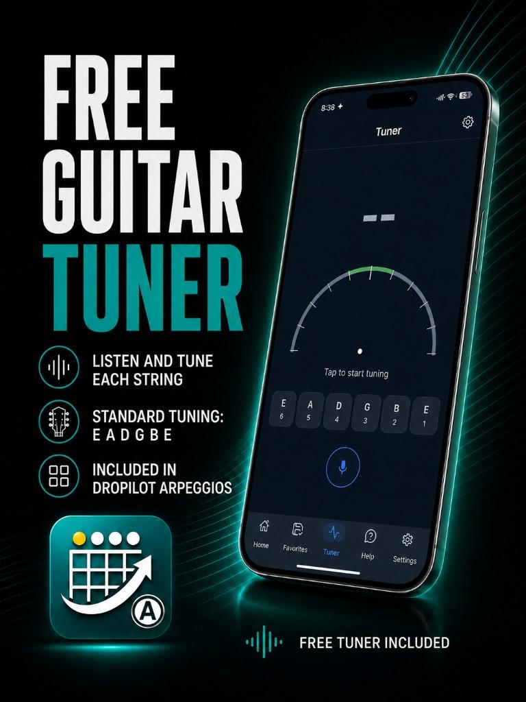 DroPilot Arpeggios: free guitar tuner included