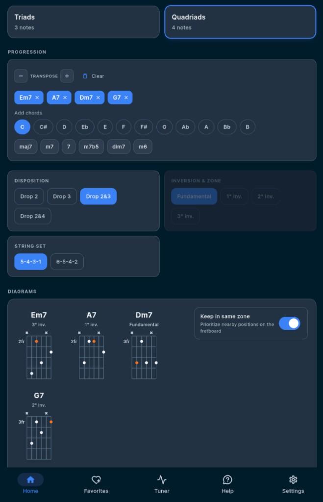 DroPilot screen: chord selection