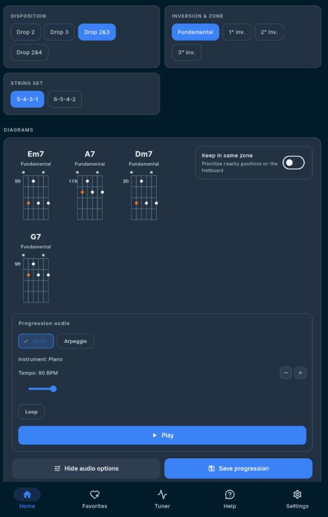DroPilot screen: chord diagrams