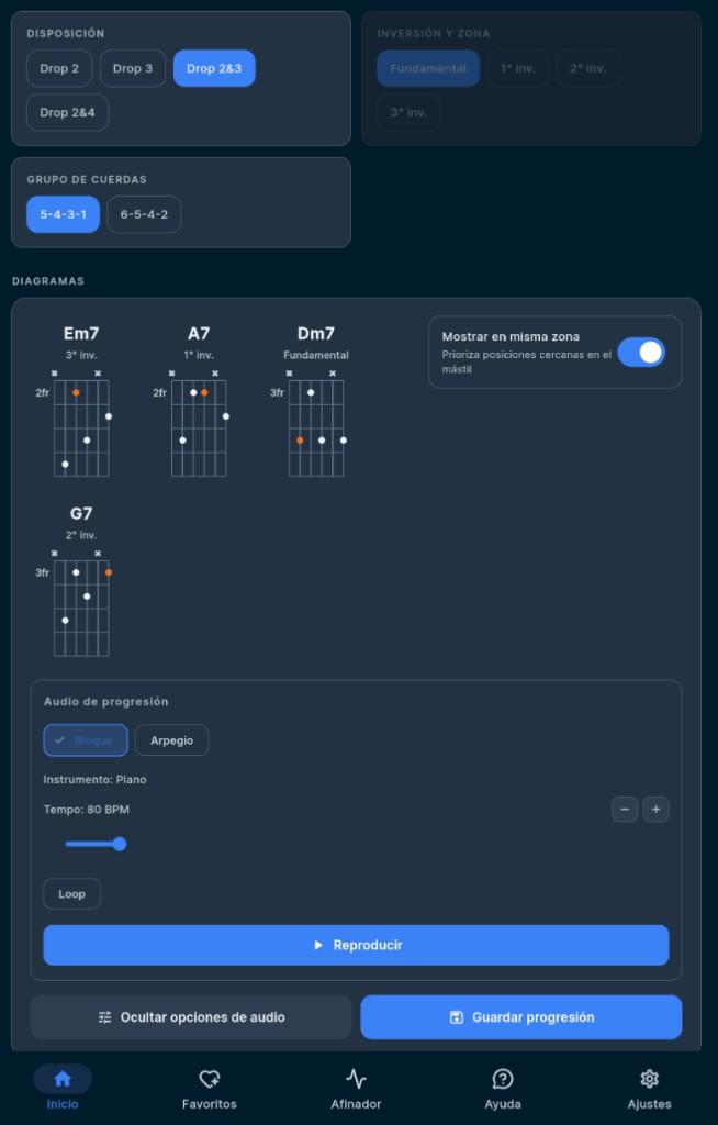 Pantalla de DroPilot: diagramas de acordes