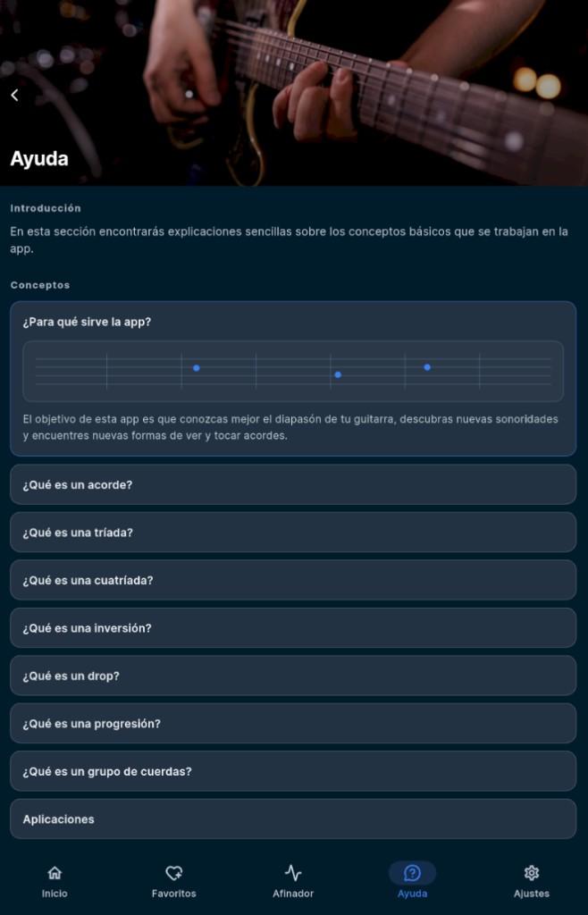 Sección de ayuda de la app