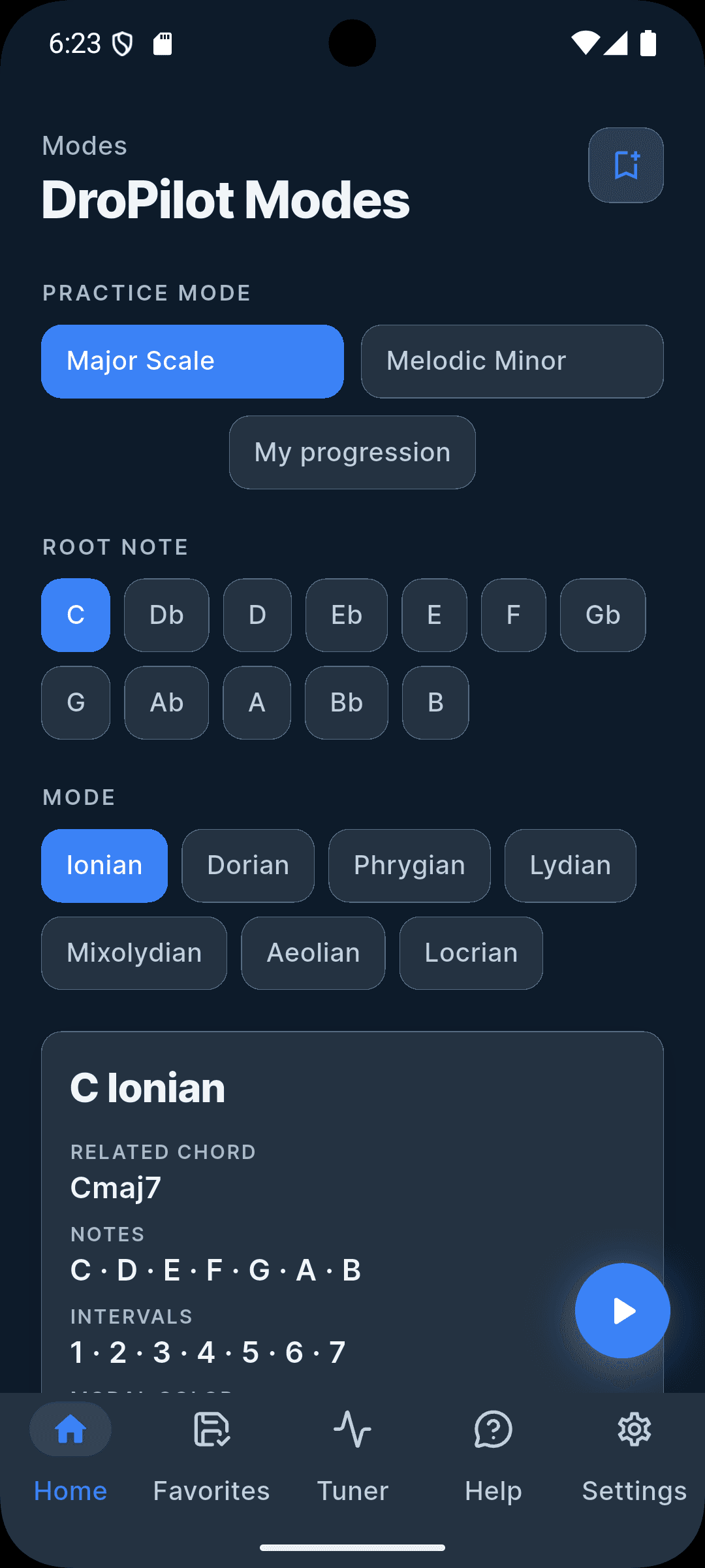 Choose root note and practice mode