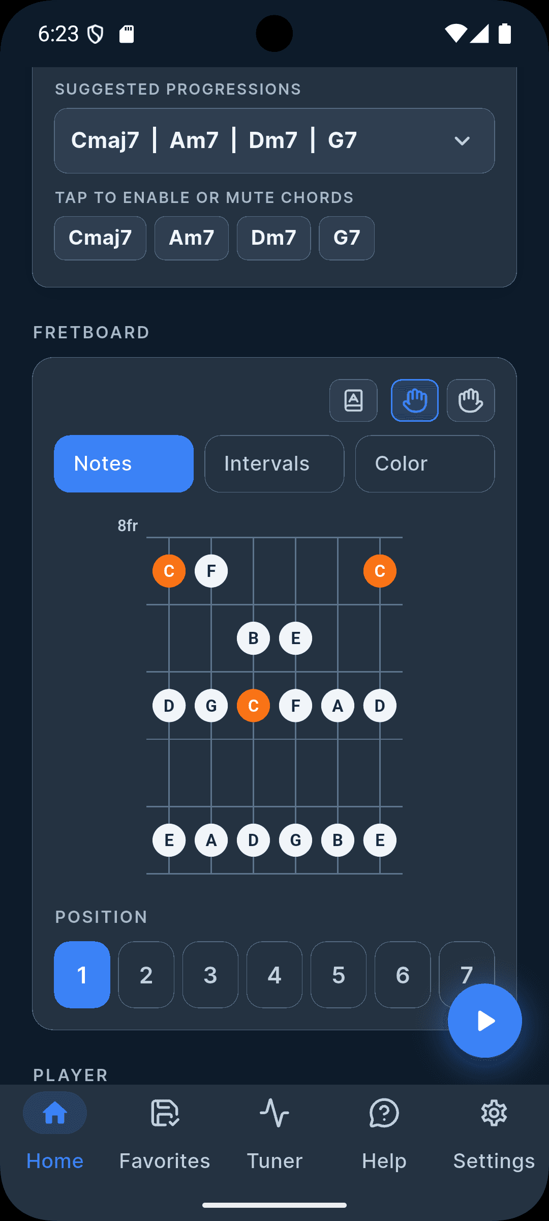 Major scale modes on the fretboard