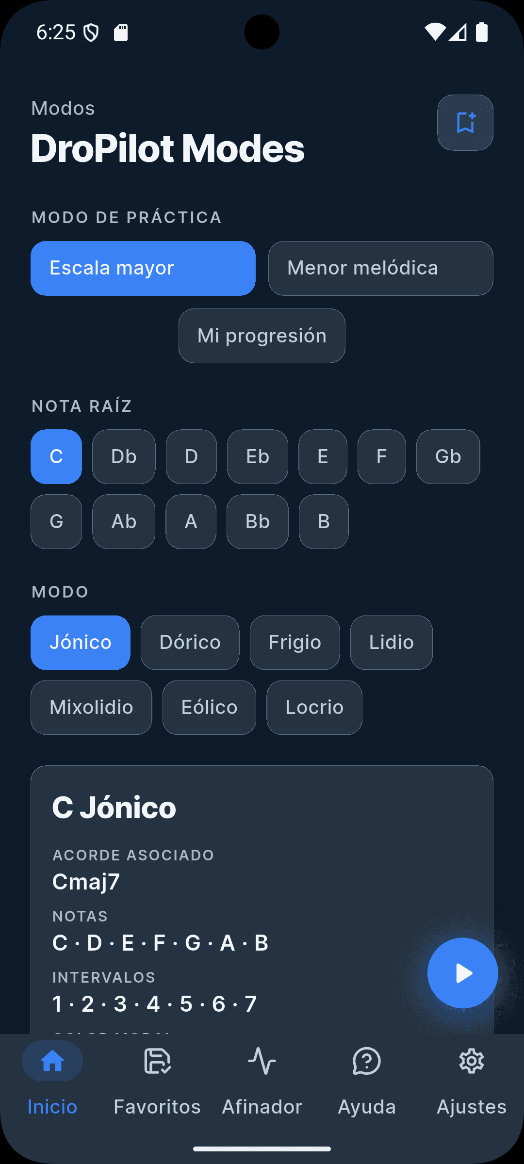 Elige nota raíz y modo de práctica