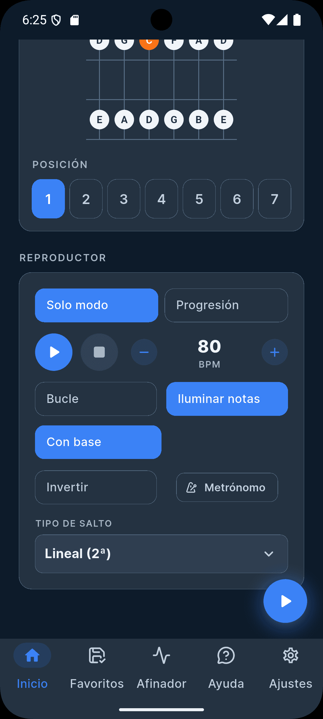 Posiciones y notas del modo en el mástil