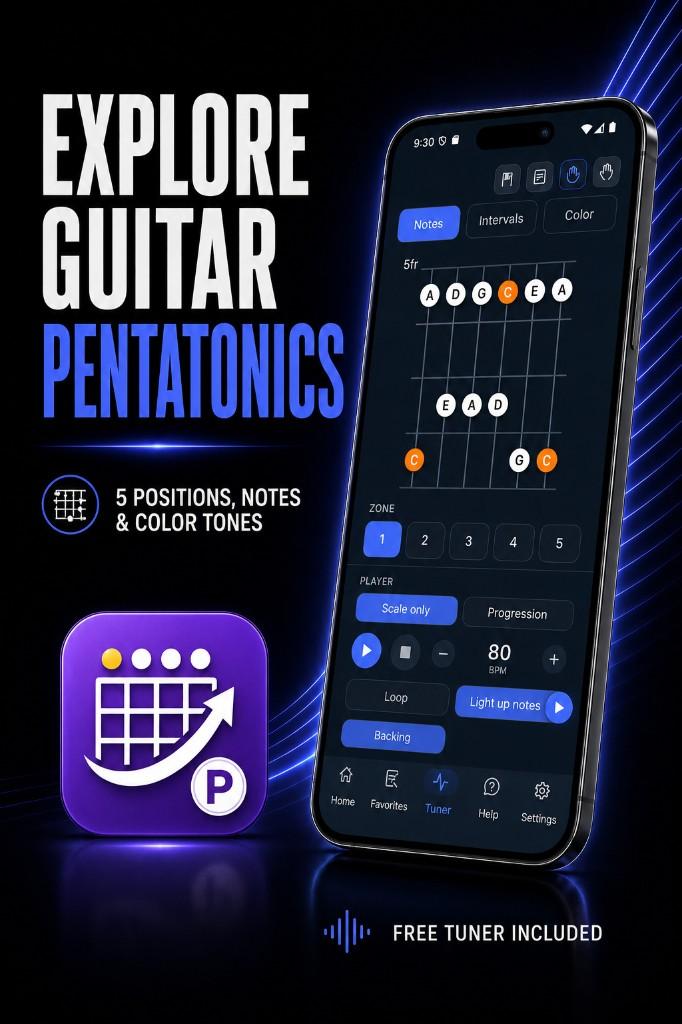 DroPilot Pentatonics: explore guitar pentatonics — 5 positions, notes and color tones