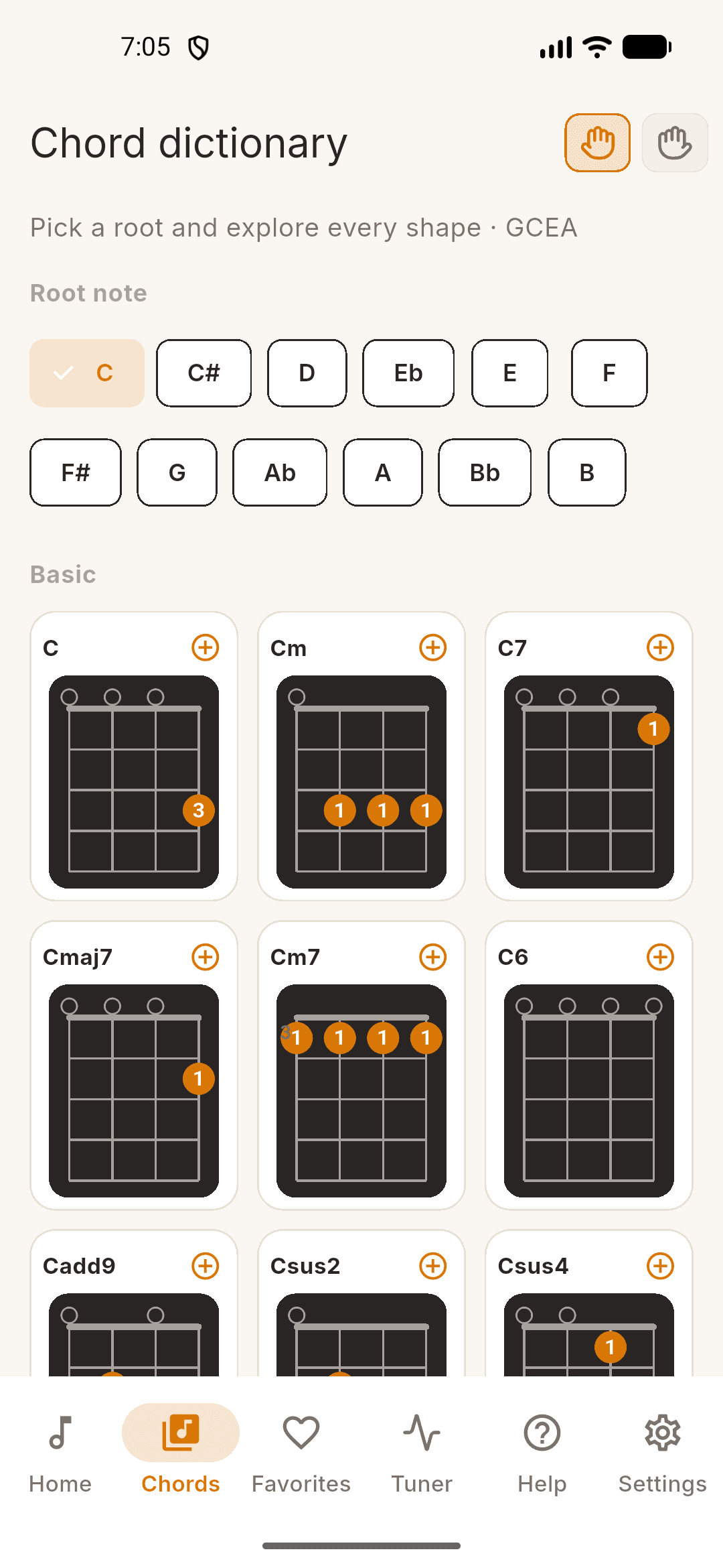 UkeUp screenshot: chord dictionary