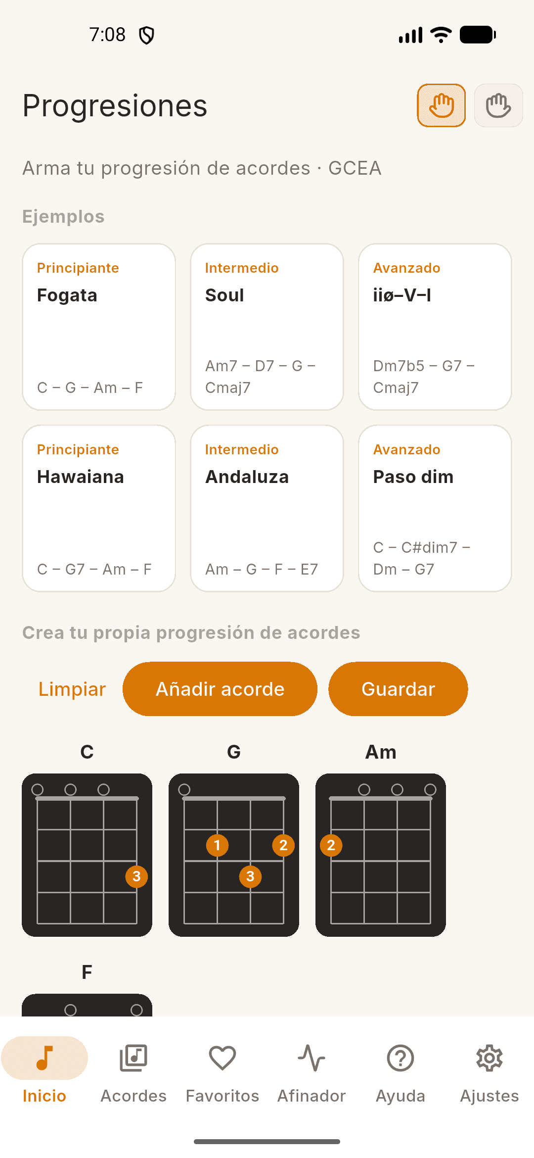 Captura de UkeUp: progresiones de acordes