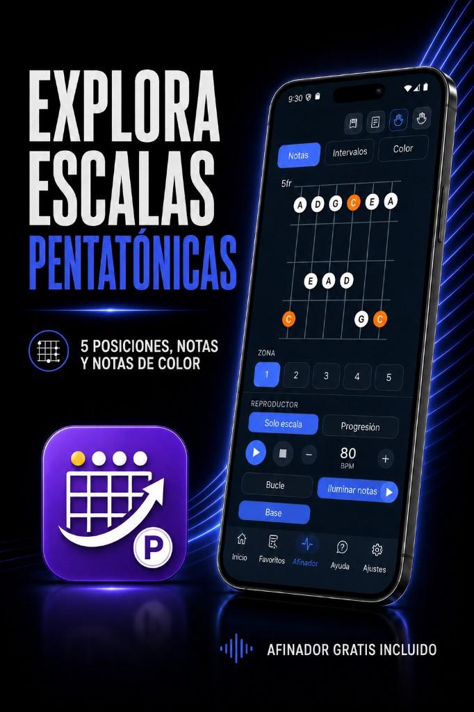 DroPilot Pentatónicas: explora escalas pentatónicas — 5 posiciones, notas y tonos de color
